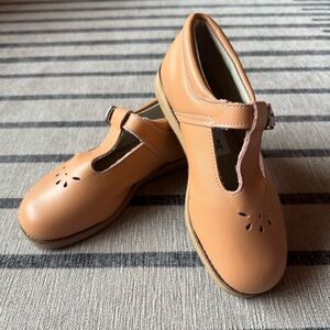 Mon Petit Shoes Hard-soled T-strap Tan Shoes with quick buckle